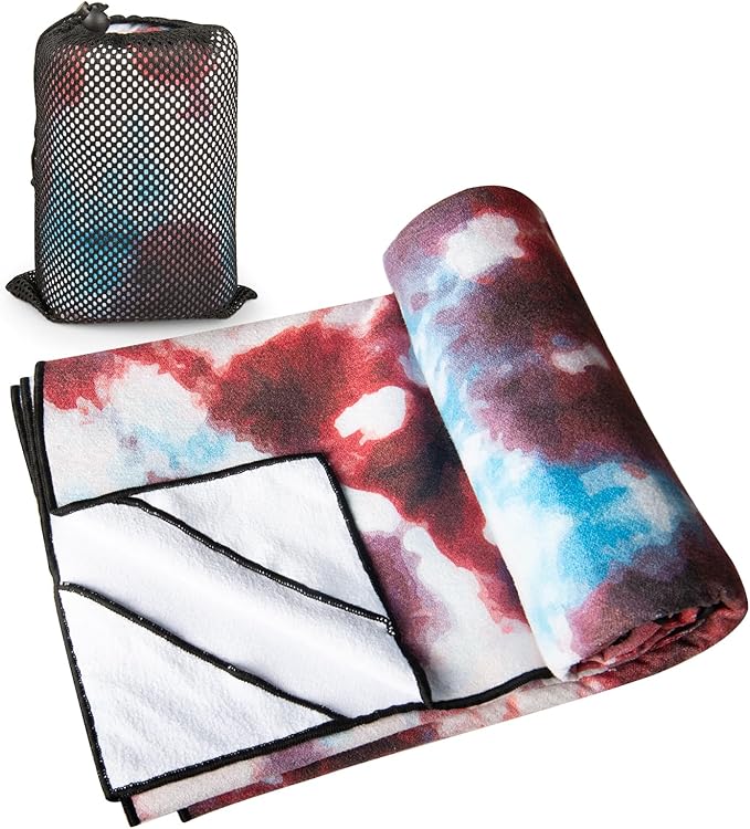 Colorful Star Yoga Towel with Corner Pockets, Non Slip Grip Dots Sweat Absorbent Hot Yoga Mat Towels, Soft Yoga Blankets with Travel Bag, Mat Cover for Workout, Gym, Fitness - 70"x26", Bold Tie-dye