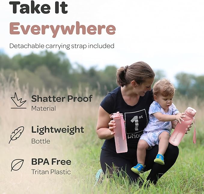 Hydracy Water Bottle with Time Marker -Large BPA Free Water Bottle & No Sweat Sleeve -Leak Proof Gym Bottle with Fruit Infuser Strainer & Times to Drink -Ideal for Fitness Sports & Outdoors