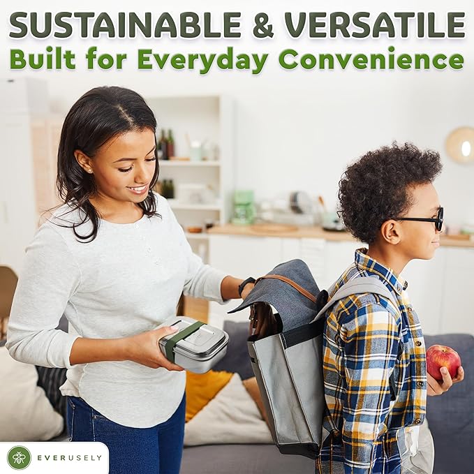 Everusely - Bento Box - Sage, 27oz / 0.8 L - Stainless Steel Lunch Box with Leakproof Condiment Container - 3 Compartment Snack Organizer for On the Go Meals - Freezer & Dishwasher Safe