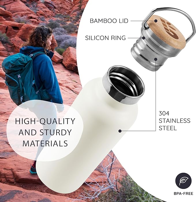 Bambaw Insulated Water Bottle 16 oz, White Water Bottle BPA Free, Stainless Steel Water Bottle, Travel Water Bottle with Handle, Metal Water Bottle Stainless Steel – Polar White