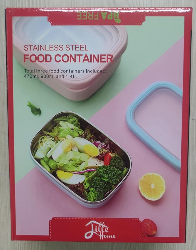 Lille Home Leak Proof Steel Food Containers - Snack Stainless Steel Containers - Ideal for Educational Settings & Daycare - Nesting Trio with Silicone Lids - 47oz+30oz+16oz - Dark Blue