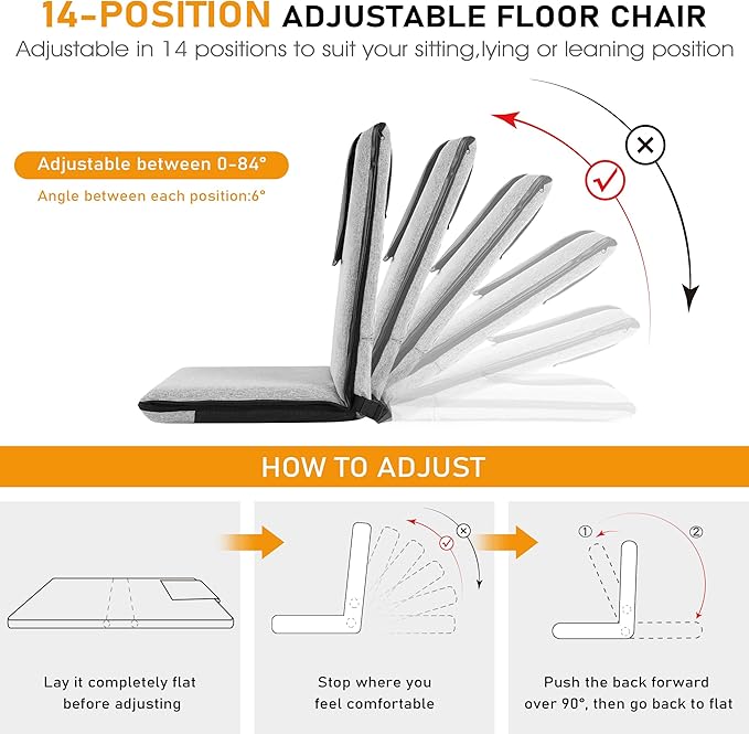 Floor Chair with Water Repellent Fabric 14-Position Adjustable Floor Chair with Back Support Portable Ground Seating for Adults Foldable Meditation Seat with Washable Cover (Light Grey)