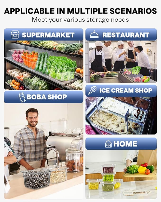 1/3 Size&6 Inch Commercial Food Pan with Lids-[NSF Certified][Hot&Cold Resistant] 4PCS Clear Restaurant Food Storage Containers with Lids, Topping Salad Bar Container (BPA-FREE)