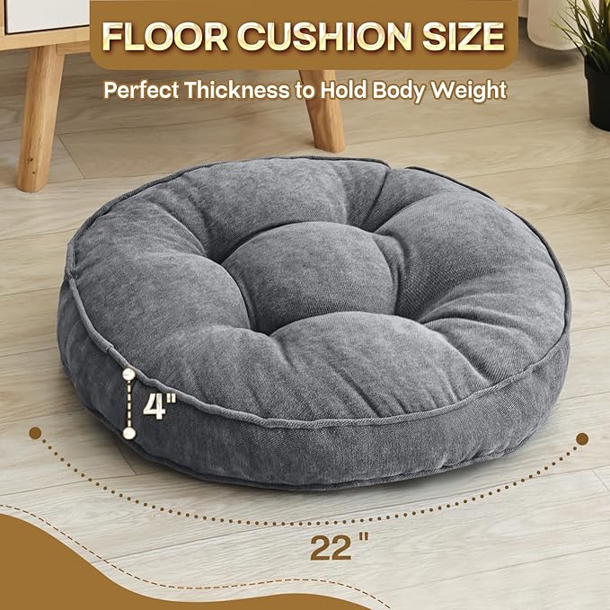 Floor Pillow Set of 2, Memory Foam Floor Cushions for Adults, Large Round Meditation Pillow for Sitting, 22 x 22 Inches (Round | Grey)