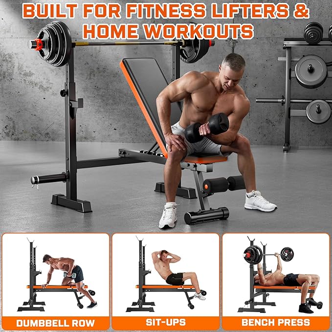 Fostoy Weight Bench, 770lbs Bench Press With Squat Rack, Adjustable Weight Benches for Home Gym, Olympic Workout Bench for Full Body Fitness, Flat Incline Bench With Removable Foot Catch