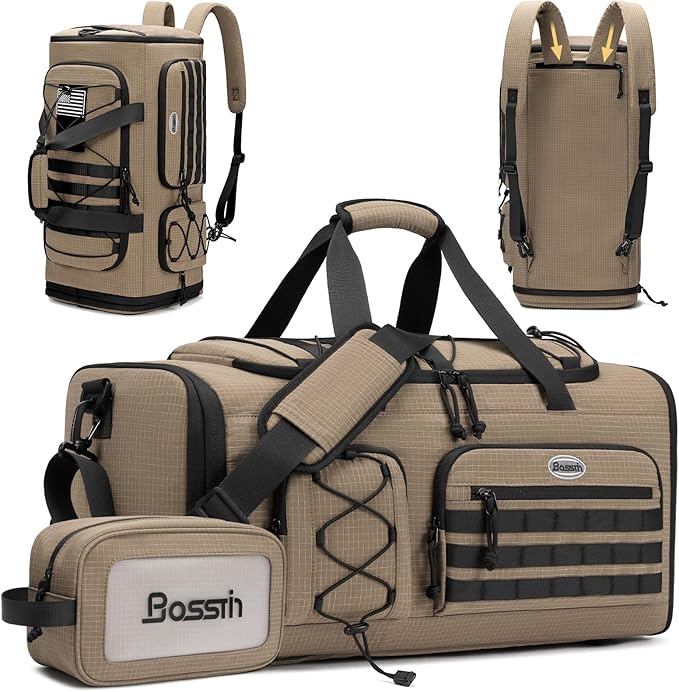 Bosstin Gym Bag for Men & Women,45L Travel Duffle Sports Duffel Bag Gym Weekender Overnight Backpack with Shoe Compartment (KHAKI CHECKERED)