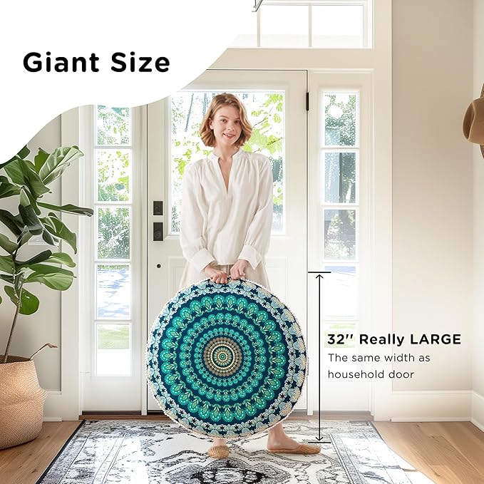 Codi Meditation Floor Pillow, Round Large Pillows Seating for Adults, Bohemian Mandala Circle Cushion for Outdoor Fireplace Yoga Living Room, 32 Inch, Memory Foam Added, Green