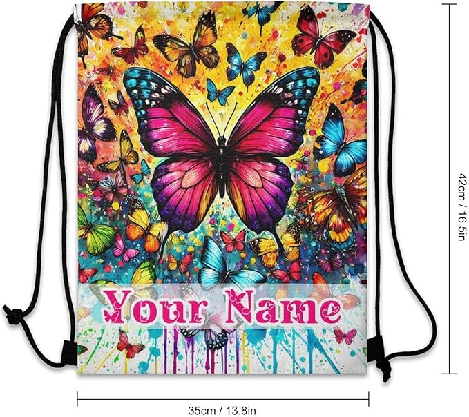 Custom Butterfly Drawstring Backpack - Cute Cinch Sack, String Backpacks for Kids Boys Girls Women Men for Gym Outdoor Sports Travel Athletic Drawstring Bag - Lightweight/Foldable