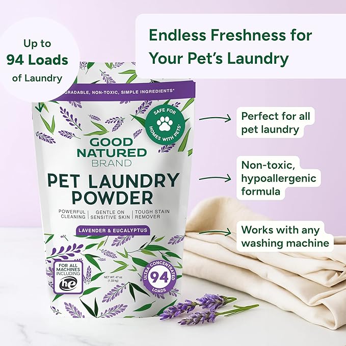 Good Natured Brand | Pet Stain & Odor Remover for Laundry | Pet Laundry Detergent for Dogs Beds, Cat Pee, Smell, Dog Drool | Hypoallergenic & Non-Toxic | Lavender | 47oz 94 Loads