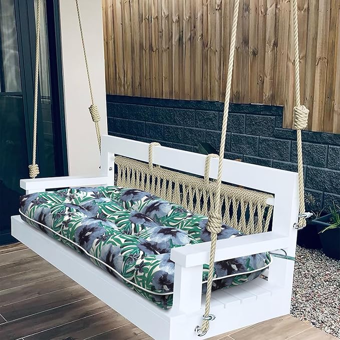 Tufted Bench Cushion for Outdoor Furniture, Patio Swing Cushion 44 x 19 x 5 Inch, Overstuffed Outdoor Chair Cushion for Garden Loveseat Lounge Storage, 1 Pack,Blue Salmone Tropical