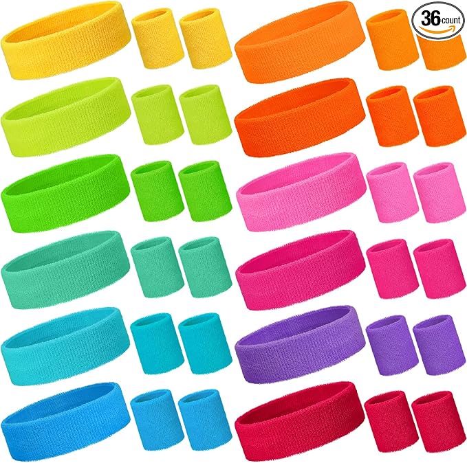 Bememo 36 Pcs Neon Sweatbands Set for Kids Bulk Sports Headband Wristband Set Cotton Terry Basketball Tennis for Students Youth 80s 90s Halloween Costumes Cosplay Glow Party