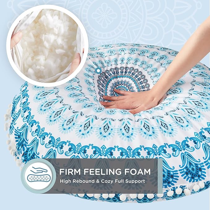 Codi Meditation Floor Pillow, Round Large Pillows Seating for Adults, Bohemian Mandala Circle Cushion for Outdoor Fireplace Yoga Living Room, 32 Inch, Memory Foam Added, Aqua