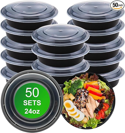 Round Meal Prep Containers with Lids, 50 Pack 24oz (100-Piece) Disposable Leakproof Take Out Food Storage Containers, Plastic To Go Lunch Boxes, BPA Free, Microwave/Dishwasher/Freezer Safe