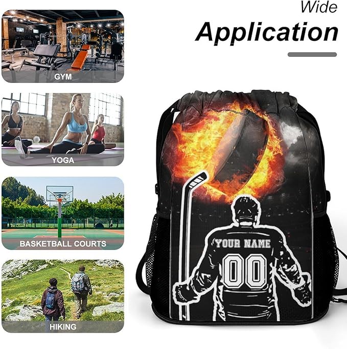 Custom Hockey Drawstring Backpack - Cool Cinch Sack, String Backpacks with Pocket for Kids Women Men Boys Girls for Gym Outdoor Sports Travel Athletic Drawstring Bag - Lightweight/Foldable