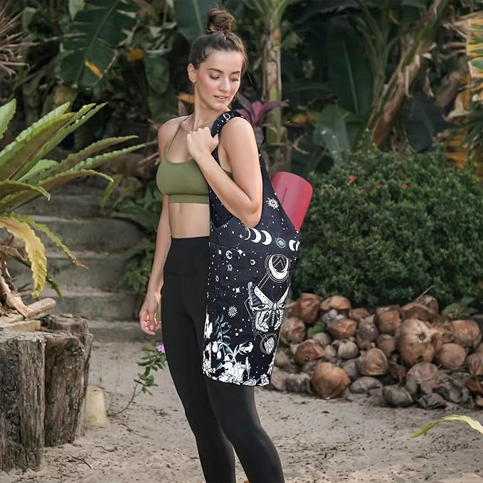 Fashion Printed Yoga Mat Bag with Large Side Pocket & Zipper Pocket Long Tote Yoga Bag Fit Most Size Mats - Holds More Yoga Accessories