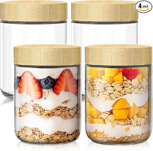 4 pack 16oz Overnight Oats Containers with Bamboo Lids, Glass Jars with Airtight Lids for Meal Prep, Wide Mouth Mason Salad Jars, Glass Food Storage Container for Yogurt Chia Snacks Spice Sugar