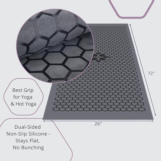 Clever Yoga Hot Yoga Mat Towel – Non-Slip Grip for Hot Yoga, Sweat Absorbent, Honeycomb Silicone Grip, Stays Flat – Ideal for Pilates, Travel, Washable & Lightweight - Gray