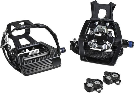 BV Bike Pedals Shimano SPD/Look Delta Compatible 9/16'' with Toe Clips - Peloton Pedals for Regular Shoes - Toe Cages for Peloton Bike - Exercise Bike Pedals - Universal Fit Bicycle Pedal