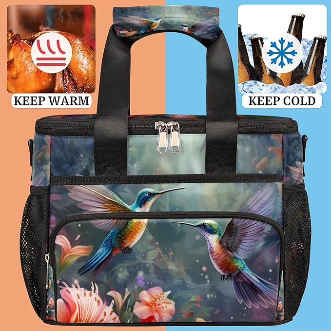 Insulated Cooler Lunch Bag,Animal Hummingbird Flower Reusable Lunch Box for Office Picnic Work School,Leakproof Large Cooler Tote Bags for Adult Men Women