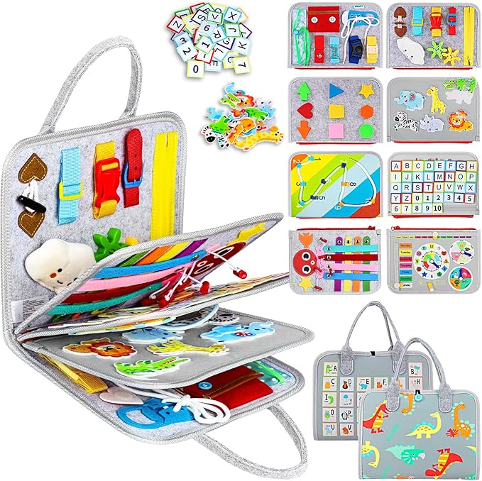 Esjay Toddler Busy Board Montessori Toys for Boys Girls, Sensory Board Educational Activities for Learning Fine Motor Skills, Birthday Gifts for Toddlers, Travel Toys for Airplane Car,Grey Dinosaur