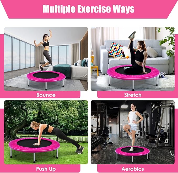 GYMAX Rebounder Trampoline for Adults, Mini Exercise Trampoline with Safety Pad, Foldable Rebounding Fitness Trampoline for Indoor/Outdoor, Small Workout Trampoline for Adults (Blue)