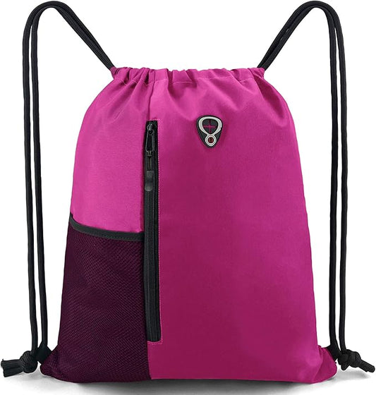 BeeGreen Pink Cinch Sack Drawstring Backpack For Women With Water Bottle Pocket &Two Zippered Pocket Large Sports Gym Sackpack For Traveling Yoga Beach Outdoor