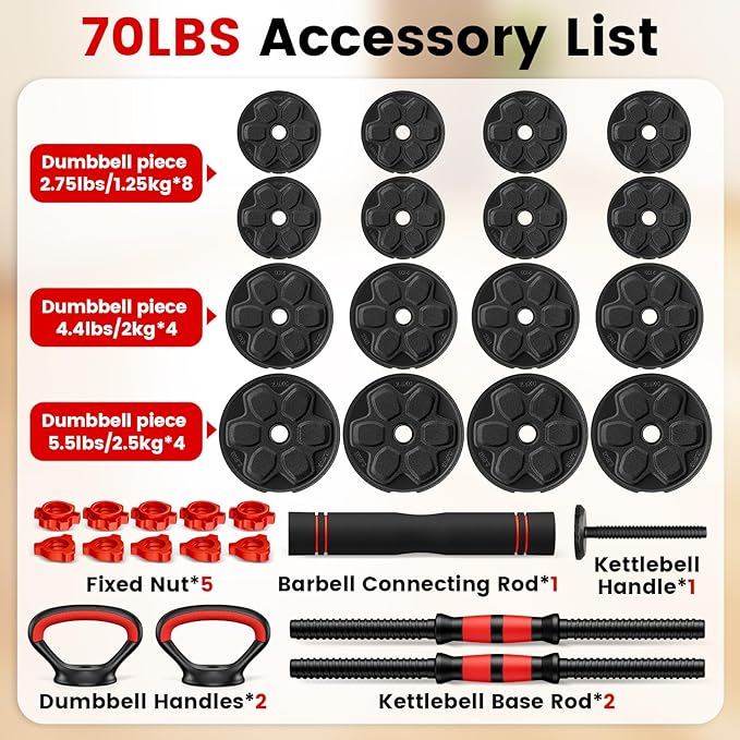 Adjustable Dumbbell Set, 20/33/45/70/90lbs Free Weight Set with Connector, 4 in1 Dumbbells Set Used as Barbell, Kettlebells, Push up Stand, Weight Set for Home Gym Suitable Men/Women