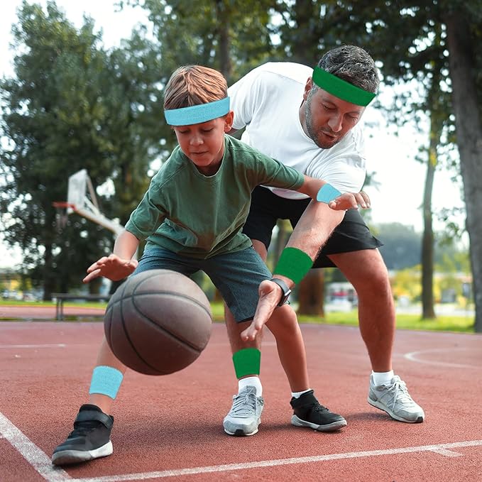 24 Pcs Neon Sweatbands Set Include 8 Pcs Sports Headband and 16 Pcs Cotton Wristbands 80s Neon Sweat Bands Bulk for Gym, Tennis, Basketball, Running, Exercise