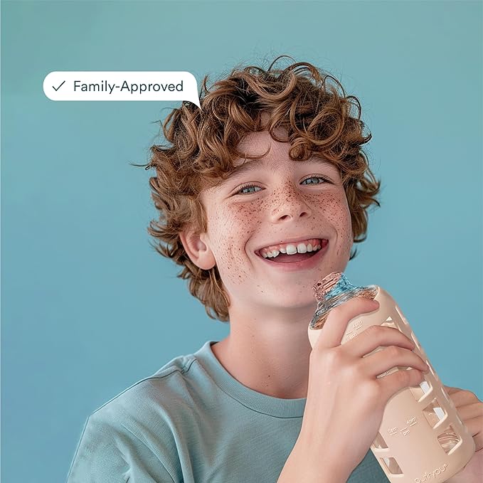 purifyou 40oz / 32oz / 22oz / 12oz Borosilicate Glass Water Bottle with Time & Volume Markers, Silicone Sleeve, Stainless Steel Lid | Reusable Glass Bottle for Water & Juice (22oz Hazelnut)