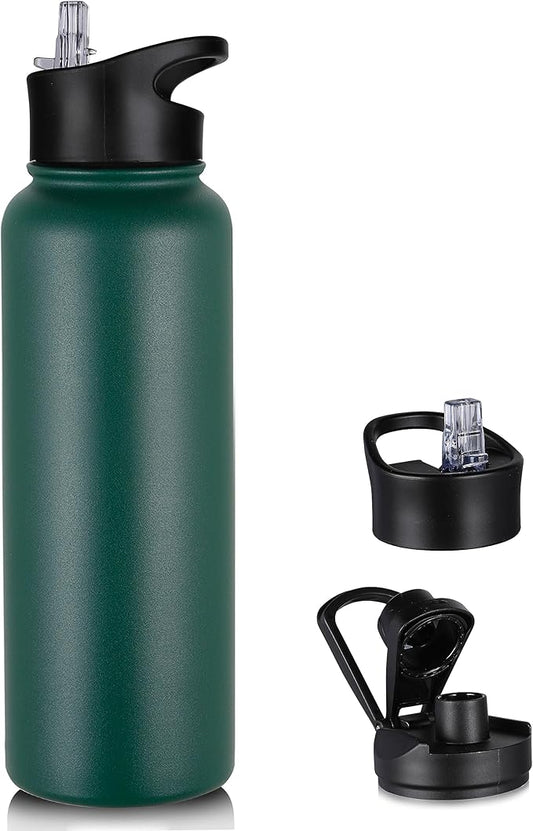 40 oz Insulated Water Bottle with Straw, Stainless Steel Sports Water Bottles with 2 Lids (Straw and Wide Mouth lid), Double Wall Vacuum, Leakproof, BPA-Free, Dark Green