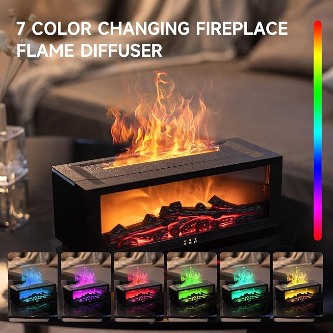 Fireplace Flame Air Diffuser Humidifier,7 Colors Aromatherapy Essential Oil Diffuser,Ultrasonic Aroma Humidifier with Timer for Home,Bedroom,Office,Yoga (BlackB, L)