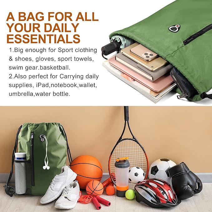 BeeGreen Green Drawstrings Backpacks Bags For Men String Backpack For Women With Water Bottle Pocket &Front Zippered Pocket Large Sackpack For Traveling Yoga Beach Outdoor Gym