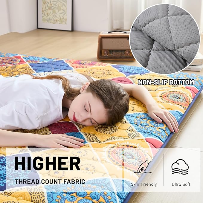 Japanese Floor Mattress Twin, Anti-Slip Japanese Futon Foldable Tatami Mat for Guests, Boho Orange Checkered