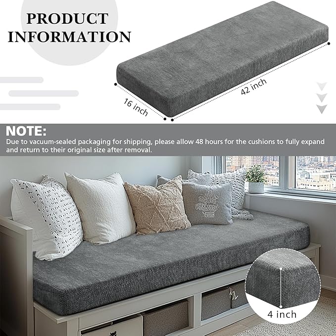 Leinuosen Bench Cushion 42x16x4 Inch for Indoor Furniture Weaving Texture Chenille Kitchen Bay Window Non Slip Seat Cushion Tufted Thicken Pad for Patio Porch, Mudroom Entryway (Gray)