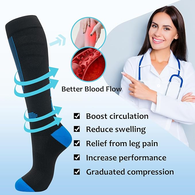 fenglaoda Compression Socks Women Men 4 Pairs, Knee High Support Socks for Running, Sports, Travel, Flight, Nurse