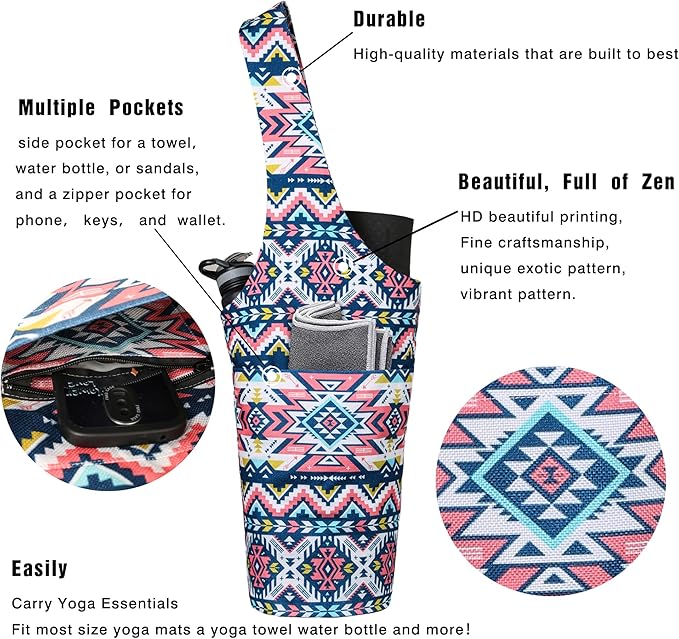 Fashion Printed Yoga Mat Bag with Large Side Pocket & Zipper Pocket Long Tote Yoga Bag Fit Most Size Mats - Holds More Yoga Accessories