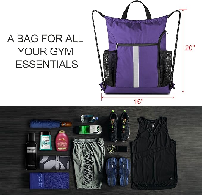 BeeGreen Purple String Bag Sack Gym Backpack with Shoe Compartment and Two Water Bottle Holder for Men Women Lightweight Durable Drawstring Cinch Sackpack