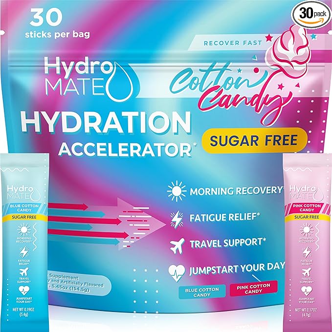 HydroMATE Electrolytes Powder No Sugar Cotton Candy - 30 Count Instant Hydration Packets with Vitamin C to Boost Energy - Sugar Free Electrolytes to Support Hydration on Keto Diet & Party Recovery