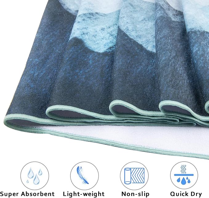 QIYI Large Yoga Mat Towel with Corner Pockets, Non Slip Sweat Absorbent Hot Yoga Towels, Soft Yoga Blankets with Travel Bag, Skidless Mat Cover for Workout, Gym, Fitness - 74"x26", Watercolor Mountain