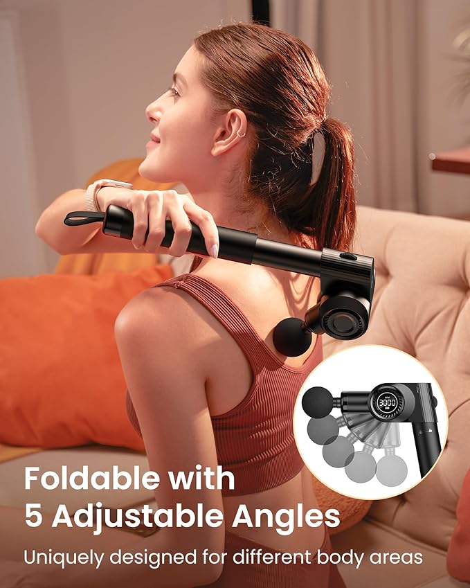 Foldable Massage Gun Deep Tissue with 5 Adjustable Angles,Portable Percussion Back Massager for Muscle/Neck/Body Pain Relief with Long Extension Metal Handle,32-Speeds,with Carry Case