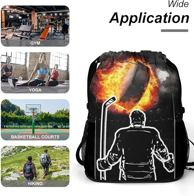 Hockey Drawstring Backpack - Cool Cinch Sack, String Backpacks with Pocket for Kids Women Men Boys Girls for Gym Outdoor Sports Travel Athletic Drawstring Bag - Lightweight/Foldable