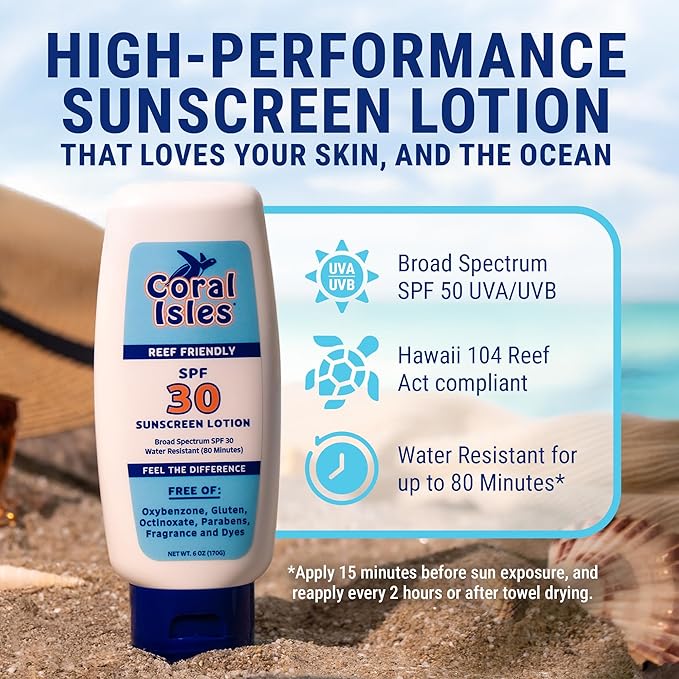 Coral Isles Sunscreen SPF 30 | Hawaii Compliant as Reef Safe | Octinoxate & Oxybenzone Free | Broad Spectrum UVA/UVB Protection | Water Resistant 80 Min. | Fragrance Free | 6 Fl Oz (Pack of 1))