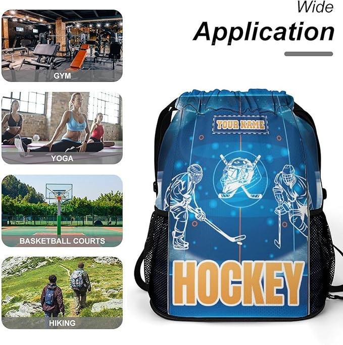 Custom Hockey Drawstring Backpack - Cool Cinch Sack, String Backpacks with Pocket for Kids Women Men Boys Girls for Gym Outdoor Sports Travel Athletic Drawstring Bag - Lightweight/Foldable