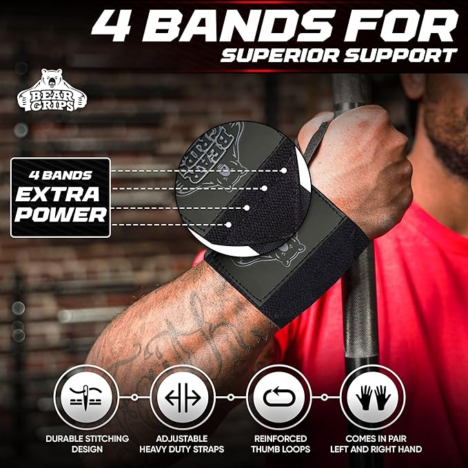 Bear Grips Wrist Wraps for Weightlifting | Weight Lifting Wrist Straps for Weightlifting | Extra Strength Gym Wrist Wraps | Two Wrist Wrap Per Pack | 12” & 18” | Lifting Wrist Wraps for Men & Women
