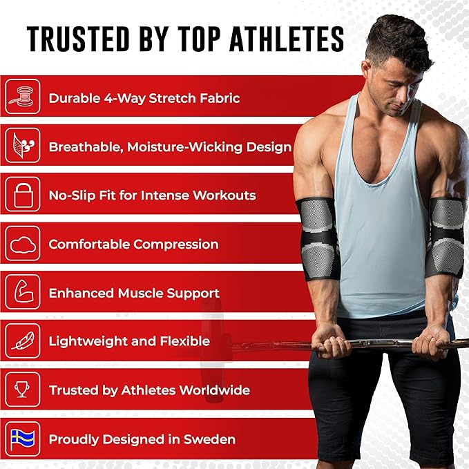 Nordic Lifting Elbow Compression Sleeves (1 Pair) for Men & Women - Support for Pain Relief, Tendonitis, Golfer’s & Tennis Elbow - Weightlifting Brace for Workout, Arm & Joint Recovery