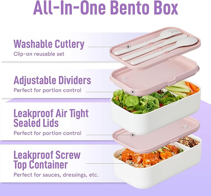Double Premium Bento Box Adult, 67 fl oz BPA-Free - Dusty Pink Stackable Lunch Box with Leak-Proof Lids & Dividers, Perfect for Meal Prep, Lunches & Portion Control