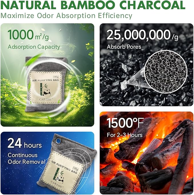 Activated Charcoal Odor Eliminator for Strong Odors, 100% Bamboo Charcoal Bags, Natural Odor Absorber for Home, Car, Closet, and Pet Areas, Natural Freshener (100g*10 Pack)