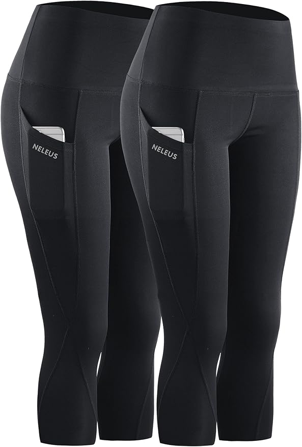 NELEUS Women's Tummy Control High Waist Capri Running Leggings Yoga Pants with Pocket