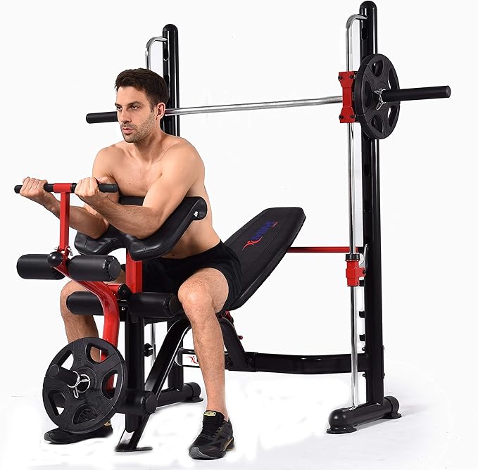Olympic Weight Bench Squat Rack Home Gym w/Leg Extension & Arm Curl, All in One Gym Machine