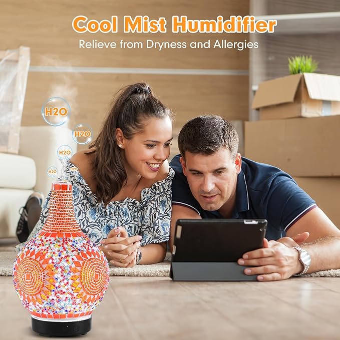 Mosaic Glass Diffuser, Tiffany Aromatherapy Diffuser 7 Color Changing Turkish LED Cold Air Diffuser Sunflower Moroccan Essential Oils for Diffusers for Home Office